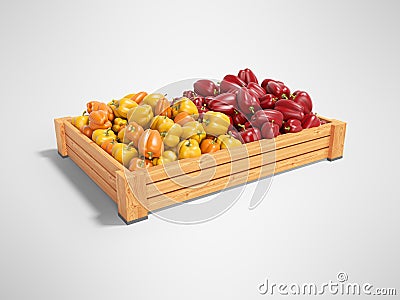 Concept sell set of yellow and red sweet peppers in wooden box rear render on gray background with shadow Stock Photo