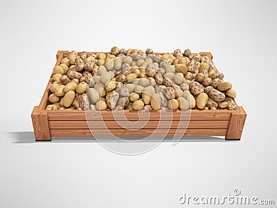 Concept selling ripe varietal potatoes in wooden box rear render on gray background with shadow Stock Photo