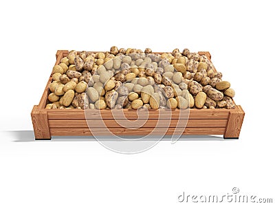 Concept selling ripe varietal potatoes in wooden box rear render on white background with shadow Stock Photo