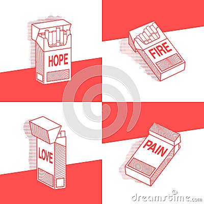 Concept, set of pack of cigarettes with different inscriptions pain, hope, love, fire. various variants. vector Vector Illustration