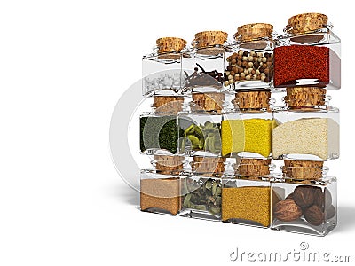 Concept set of spices in glass bottles 3D render on white background with shadow Stock Photo