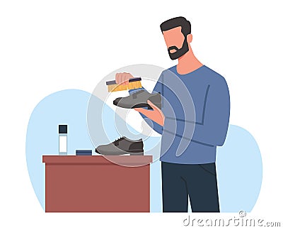 Concept of shoe care, man polishes his shoes with brush and wax. Boy cleaning leather classic style footwear Vector Illustration