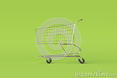 Concept of shopping cart trolley on green background with some copy space. 3d render Cartoon Illustration