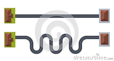 Concept of short, straight path and long way, winding path. Top view on city road. Curve and zigzag speedway, map and Vector Illustration