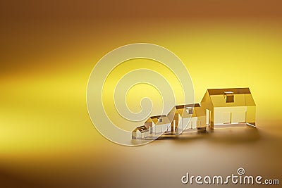 Concept shot: four differently sized glass models of houses on a seamless yellow background Stock Photo