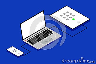 Concept of simple IT workstation with passcode and biometric authentication icons. Vector Illustration