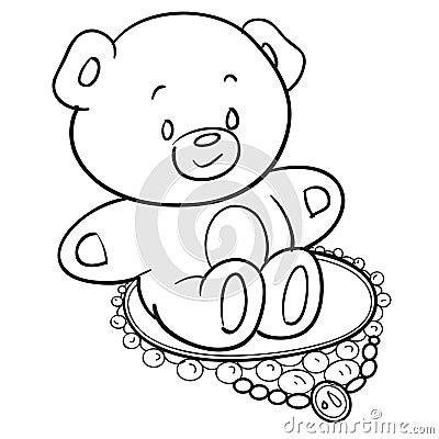 Concept, sketch of a toy bear sitting in the center of a necklace, coloring book, illustration cartoon, isolated object on a white Vector Illustration