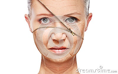 Concept skin aging. anti-aging procedures, rejuvenation, lifting, tightening of facial skin Stock Photo