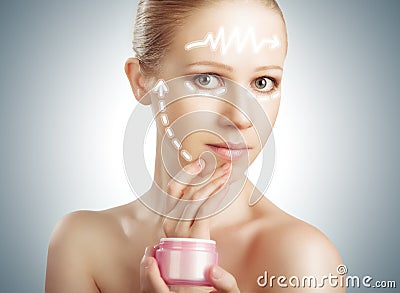 concept skincare. Skin of beauty woman with facelift, plastic surgery, arrows with rejuvenation cream Stock Photo