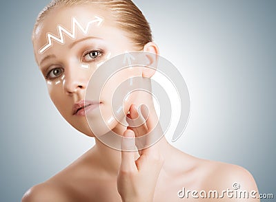 concept skincare. Skin of beauty woman with facelift, plastic surgery, rejuvenation, arrows Stock Photo