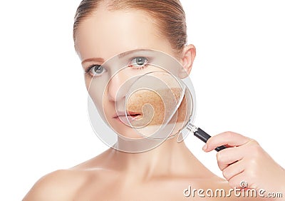 Concept skincare. Skin of beauty young woman with magnifier before and after the procedure Stock Photo