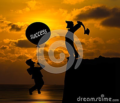 Concept skyline,Cartoon flying away by using balloon Stock Photo