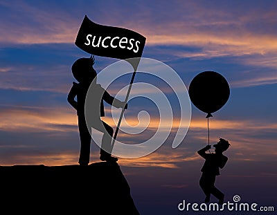 Concept skyline ,Cartoon man flying away by using balloon and ma Stock Photo