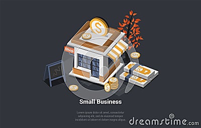 Concept Of Small Business. Local Franchise Shop Like Business Ideal Mockup. Investment In New Business Idea. Shopping Vector Illustration