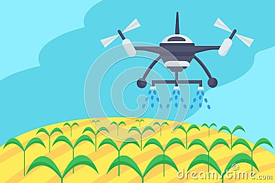 Concept of smart farm. Smart farming tech with irrigation drone. Innovation technology and automatic sprinkler copter Vector Illustration