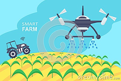 Concept of smart farm. Smart farming tech with irrigation drone and unmanned tractor with wi-fi technology. Innovation Vector Illustration