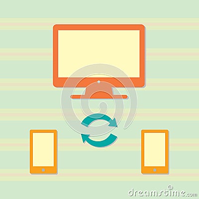 Concept Smart phone to computer transfer of files. Cloud synchronisation. Computer and phone cloud services. Vector Illustration