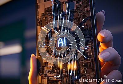 Concept of smartphones with implemented AI technology. Animation showcasing a smartphone held in a female hand, with an animated Stock Photo