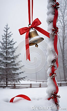 Snow-Covered Bells And A Red Ribbon In A Winter Landscape, With A Soft, Misty Atmospher. Generative AI Stock Photo