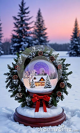 A Snow Globe And A Wreath In A Twilight Snowy Settin. Generative AI Stock Photo