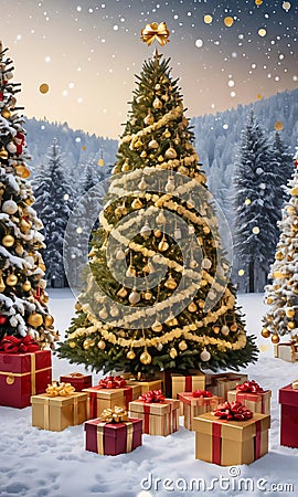 A Snowy Landscape Featuring A Grand Christmas Tree Adorned With Golden Bells, Twinkling Lights, And Surrounded By G. Generative AI Stock Photo