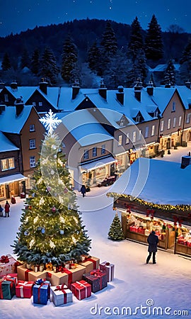 A Snowy Village Square With A Grand Christmas Tree Adorned With Twinkling Lights And Surrounded By Gift Boxes, Capt. Generative AI Stock Photo