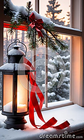 A Snowy Window Ledge Featuring A Lantern, Pine Branches, And Red Ribbons, Illuminated By The Soft Glow Of The Eveni. Generative AI Stock Photo