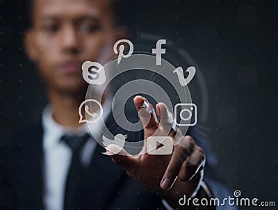 Concept Of Social Media - Man Pressing Virtual Screen Editorial Stock Photo