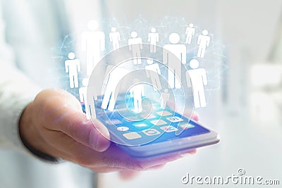 Concept of social network with contact icon over device - techno Stock Photo