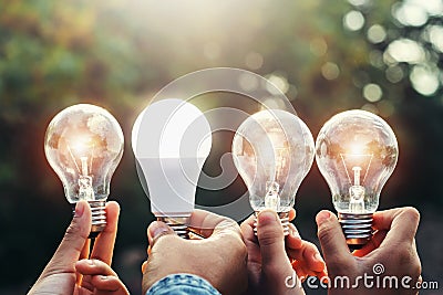 concept solar energy. hand holding lightbulb and ledlight in nat Stock Photo