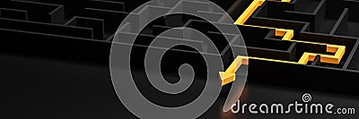 Concept - solving a complex problem. Black maze and floor with yellow solution path with arrow Stock Photo