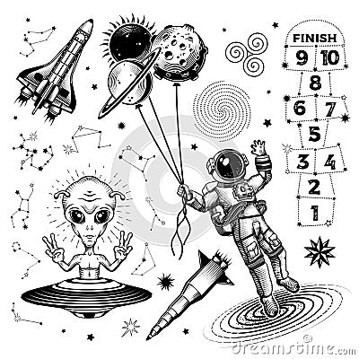 The concept of space travel. Elements of design, logo, and emblem on a white background. Astronaut with balloons. Alien showing Vector Illustration