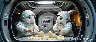 Spacethemed image featuring two rabbit astronauts making mochi using long wooden hammers within their spaceship Stock Photo