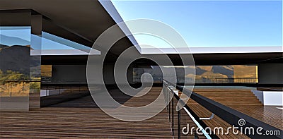 The concept of a spacious terrace covered with wooden decking. A solid glass wall reflecting the mountain landscape. 3d render Cartoon Illustration