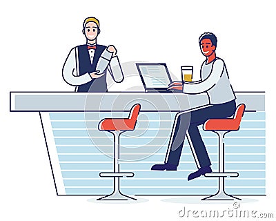 Concept Of Spending Time In A Bar. Man Is Having A Good Time Working Remotely On Laptop At A Bar Counter Vector Illustration