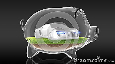 Concept sport car inside transparent piggy bank. 3d rendering Stock Photo