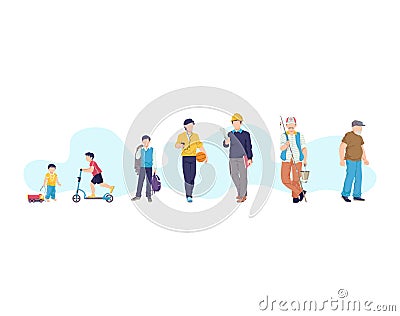 Concept stage of growing up, male standing boy on bicycle, teenager, student adult man old character cartoon vector Cartoon Illustration