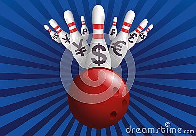 Concept of a stock market collapse and an economic crisis with the symbol of the bowling strike. Stock Photo