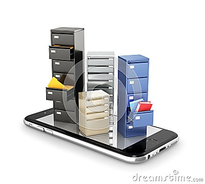 concept of storage. Lockers for data storage stand on the screen of the smartphone. Cartoon Illustration