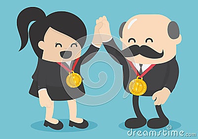 Concept of success. Successful female business has gold medalist Vector Illustration