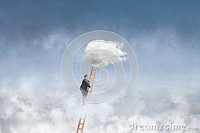 Concept of success, surreal businessman reaches the highest step up to the sky Stock Photo