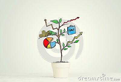 Drawn income tree in white pot for business investment savings and making money Stock Photo