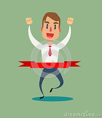 Concept of successful businessman in a finishing line. man victory with hands up run toward red ribbon tape finish. Vector Illustration