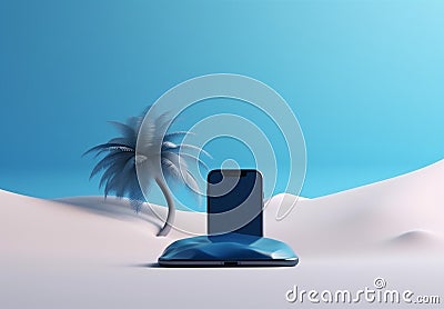 concept summer palm mock holiday sand cyber phone creative sea up. Generative AI. Stock Photo