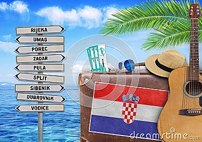 Concept of summer traveling with old suitcase and Croatia Stock Photo