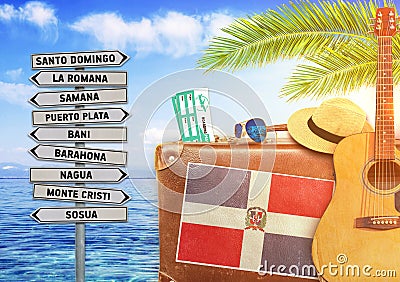 Concept of summer traveling with old suitcase and Dominican Republic Stock Photo