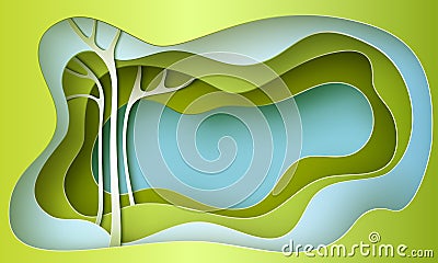 Concept summer tree on green wave shape background Vector Illustration