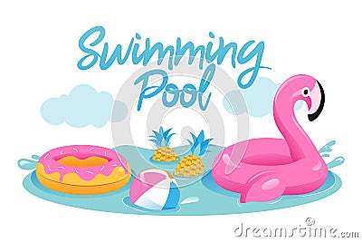 Concept Of Summer Vacations. Cute Inflatable Pink Flamingo With Ball, Rubber Ring In The Swimming Pool. Toys For Active Vector Illustration