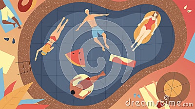 Concept Of Summer Vacations. Happy Men And Women Relaxing In The Pool During Vacations. Characters Laying In The Sun On Vector Illustration