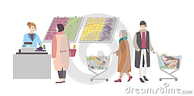 Concept for supermarket or shop. Different people with shopping cart weighed goods in vegetable department. Girl weighs Vector Illustration